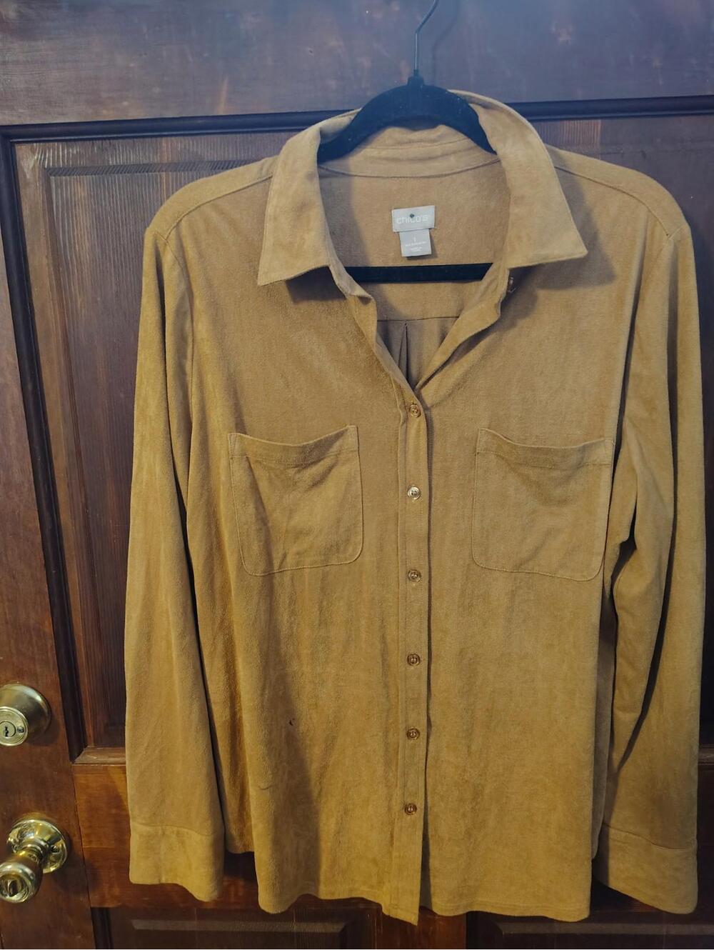 Chico's Size L Shirt Women's Long Sleeve Button Up Suede Touch Brown Blouse Top
